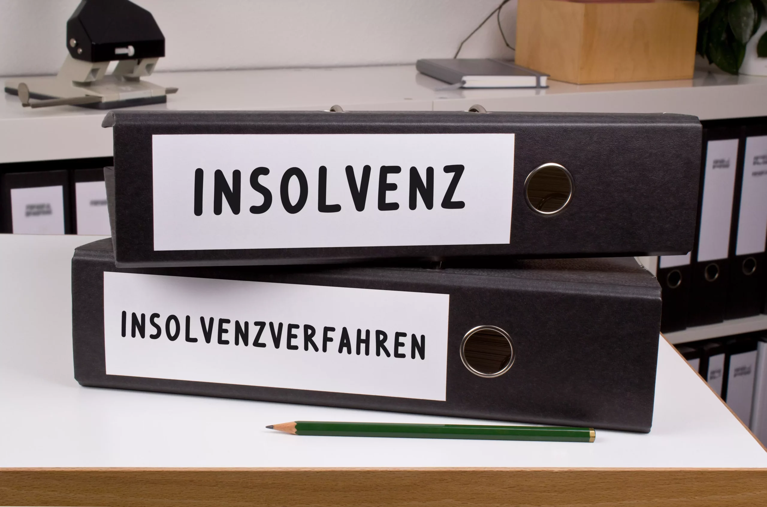 Symbolfoto von 5min.at: Zwei Ordner für ein Insolvenzverfahren liegen auf dem Tisch.