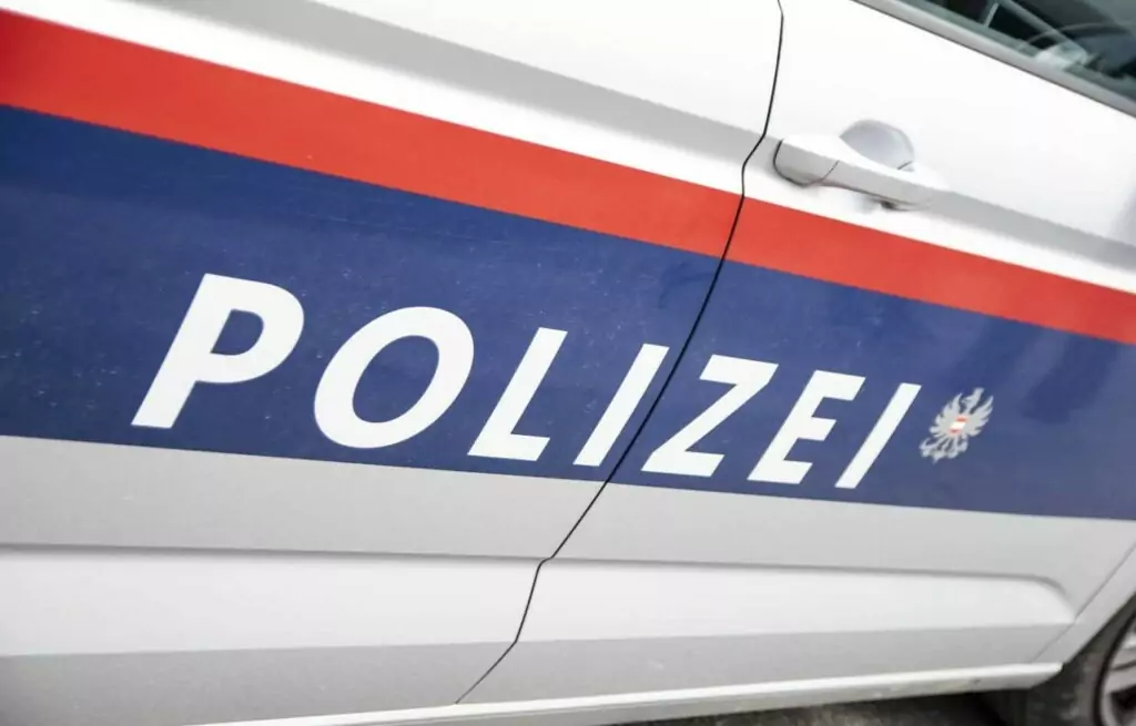Symbolfoto von 5min.at: Nahaufnahme eines Polizeiautos von der Seite.