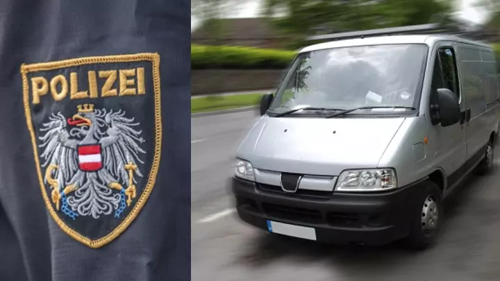 Symbolfoto von 5min.at: Montage einer Polizeimarke und eines Kastenwagens.