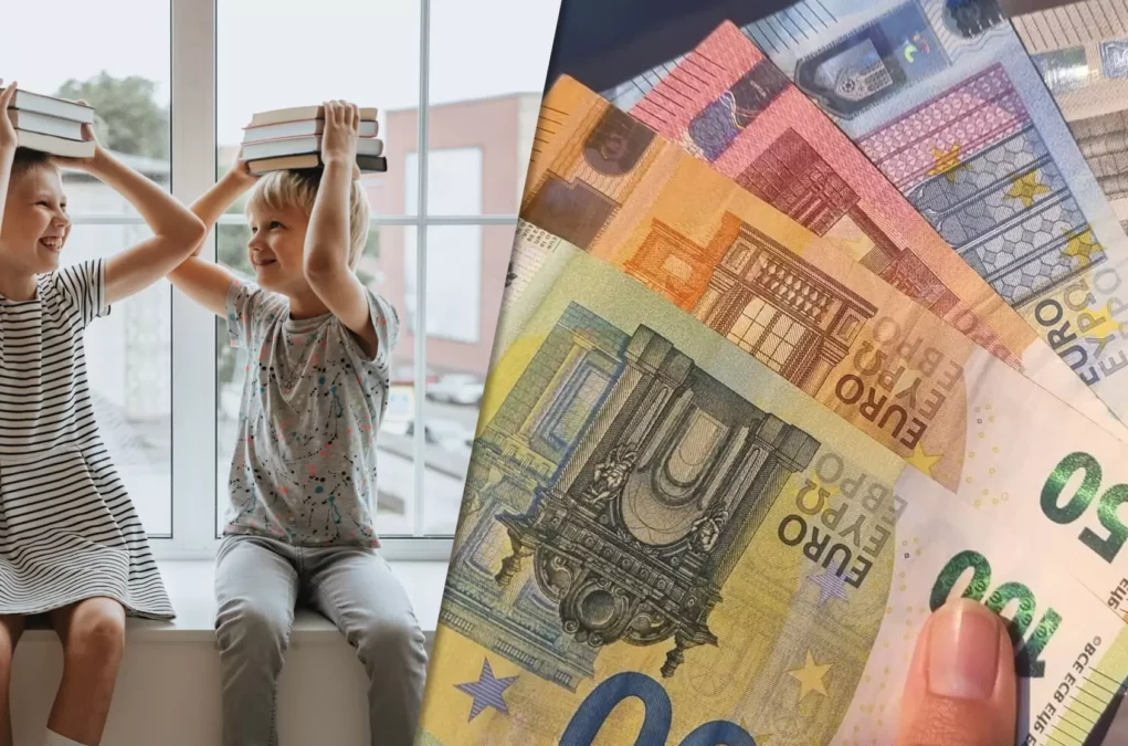 Auf dem Foto sind spielende Kinder auf der einen Seite und Geld auf der anderen Seite zu sehen.