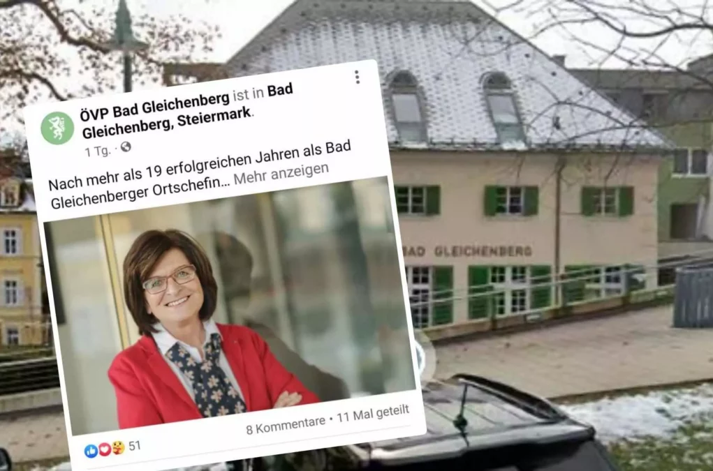 Bild bei Beitrag von 5min.at: Zu sehen ist das Posting der ÖVP Bad Gleichenberg zum Rücktritt der Bürgermeisterin - im Hintergrund das Gemeindeamt.