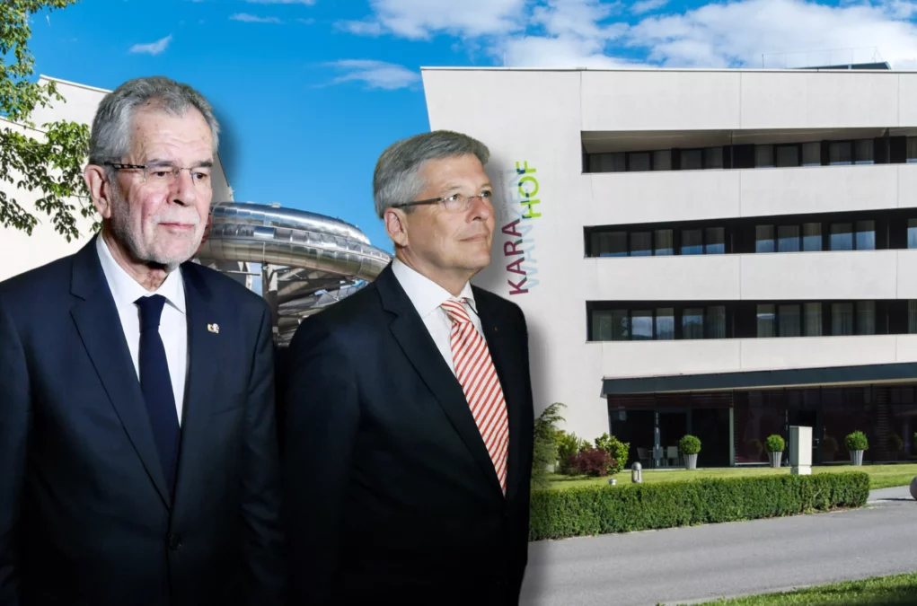 Eine Bildmontage auf 5min.at zeigt Bundespräsident Alexander Van der Bellen und Landeshauptmann Peter Kaiser vor dem Karawankenhof in Villach-Warmbad.