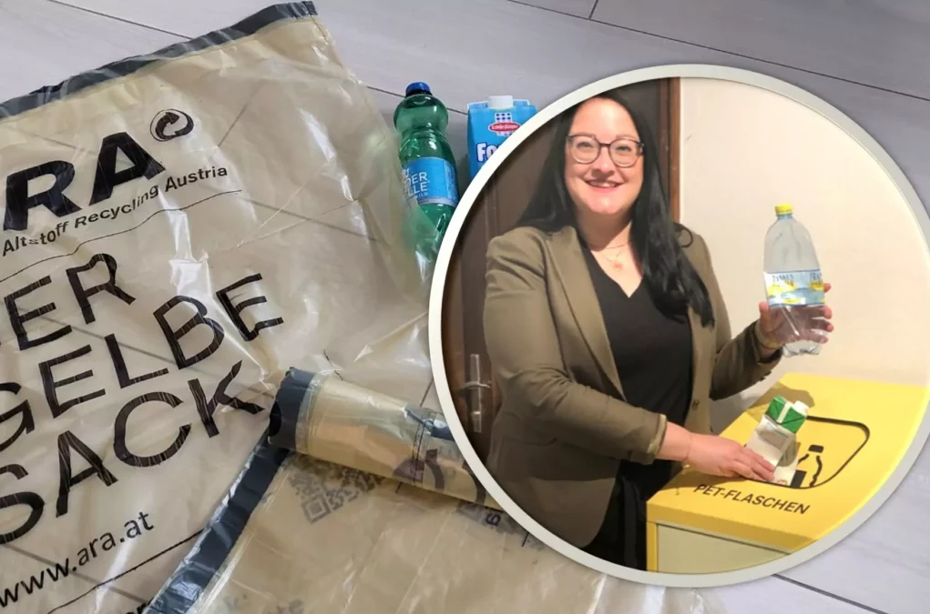 Ein Bild auf 5min.at zeigt Vizebürgermeisterin Sarah Katholnig neben einer Gelben Tonne sowie einen Gelben Sack.