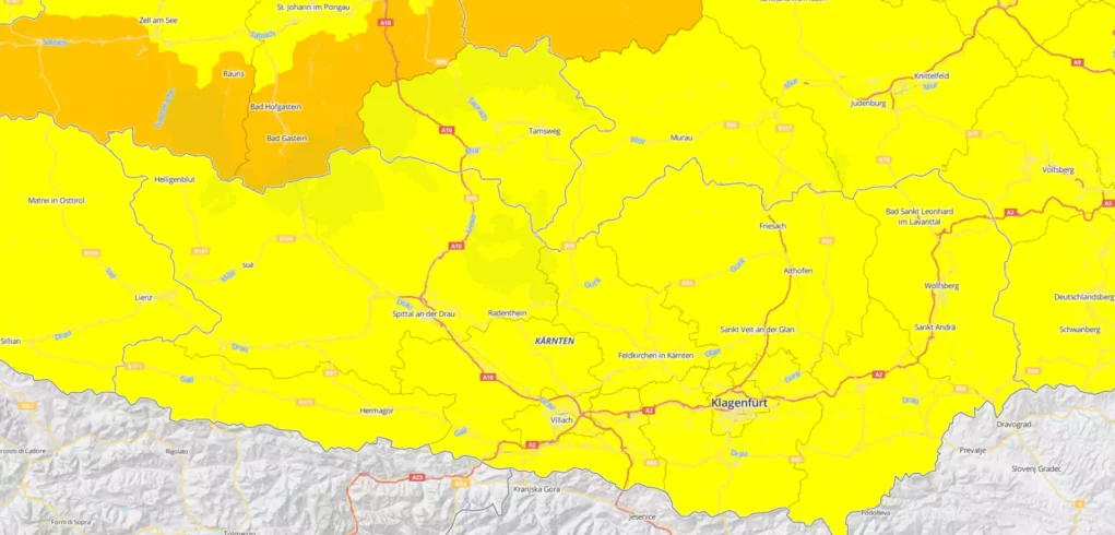 Ein Foto auf 5min.at zeigt eine Warnkarte der Geosphere Austria von Kärnten.