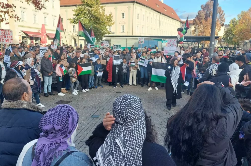 Ein Bild auf 5min.at zeigt Teilnehmende der Palästina-Demo in Klagenfurt.