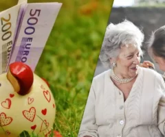 Ein Bild zeigt ein Sparschwein und zwei ältere Frauen, die miteinander sprechen.