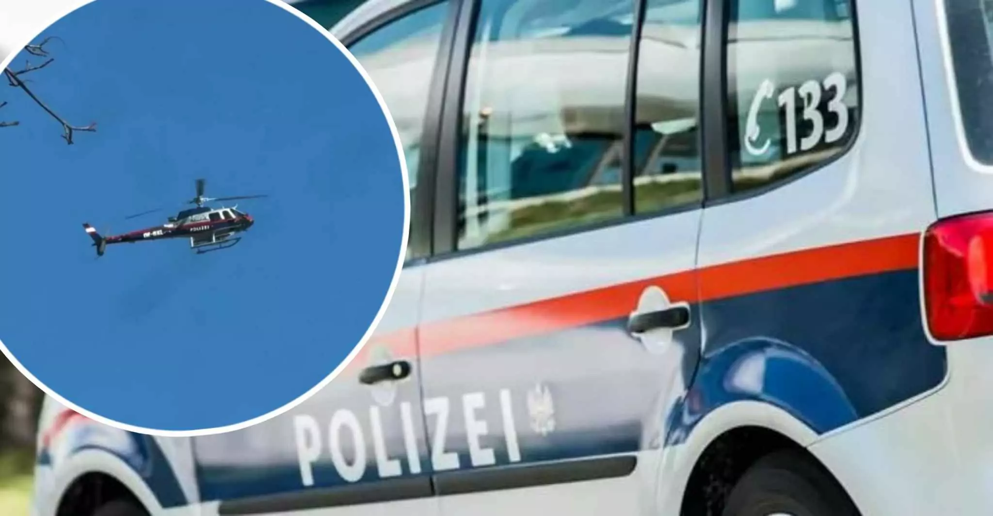 Foto in Beitrag von 5min.at: zu sehen ist eine Fotomontage von einem Polizeiauto und einem Polizeihubschrauber.