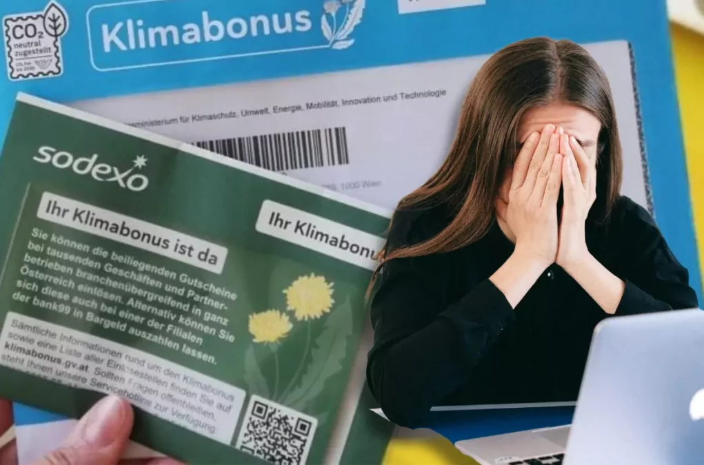 Bildmontage auf 5min.at zeigt eine verzweifelte Frau und ein Kuvert des österreichischen Klimabonus.