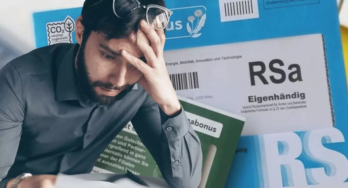 Bildmontage auf 5min.at zeigt einen verzweifelten Mann und ein Kuvert des österreichischen Klimabonus.