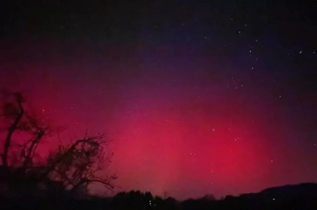 Ein Bild auf 5min.at zeigt pinkfarbene Polarlichter, die am Nachthimmel leuchten.