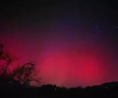Ein Bild auf 5min.at zeigt pinkfarbene Polarlichter, die am Nachthimmel leuchten.
