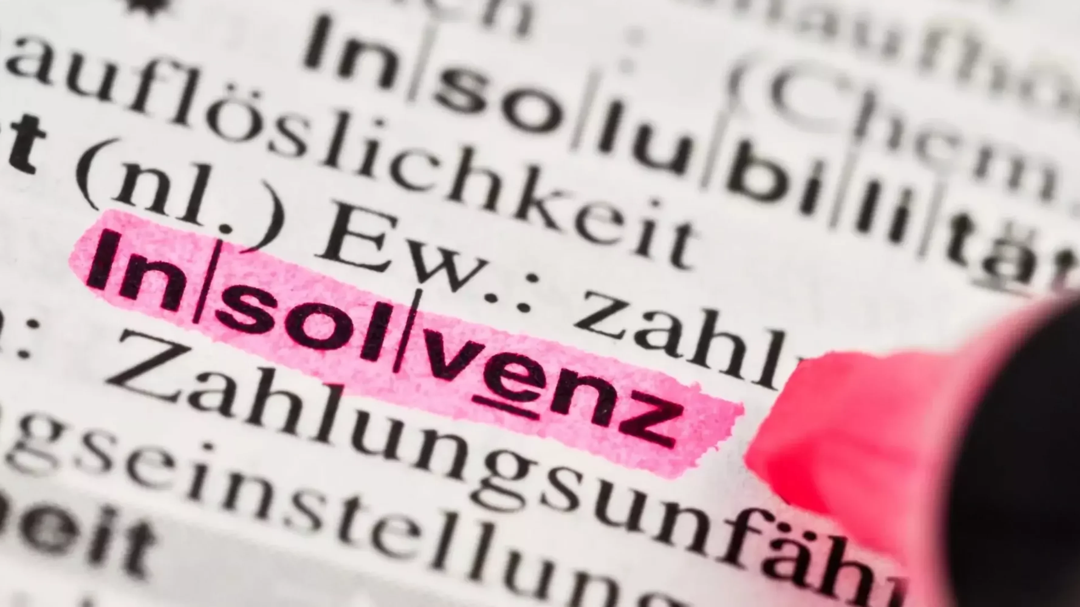 Ein Bild auf 5min.at zeigt ein Wörterbuch, in dem gerade das Wort Insolvenz mit einem pinken Marker markiert wird.