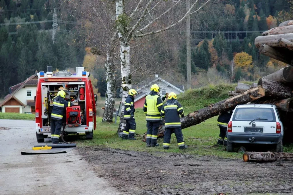 Ein Bild auf 5min.at zeigt mehrere Florianis bei einem angeblichen Verkehrsunfall. Ein Baumstumpf liegt auf einem Auto.