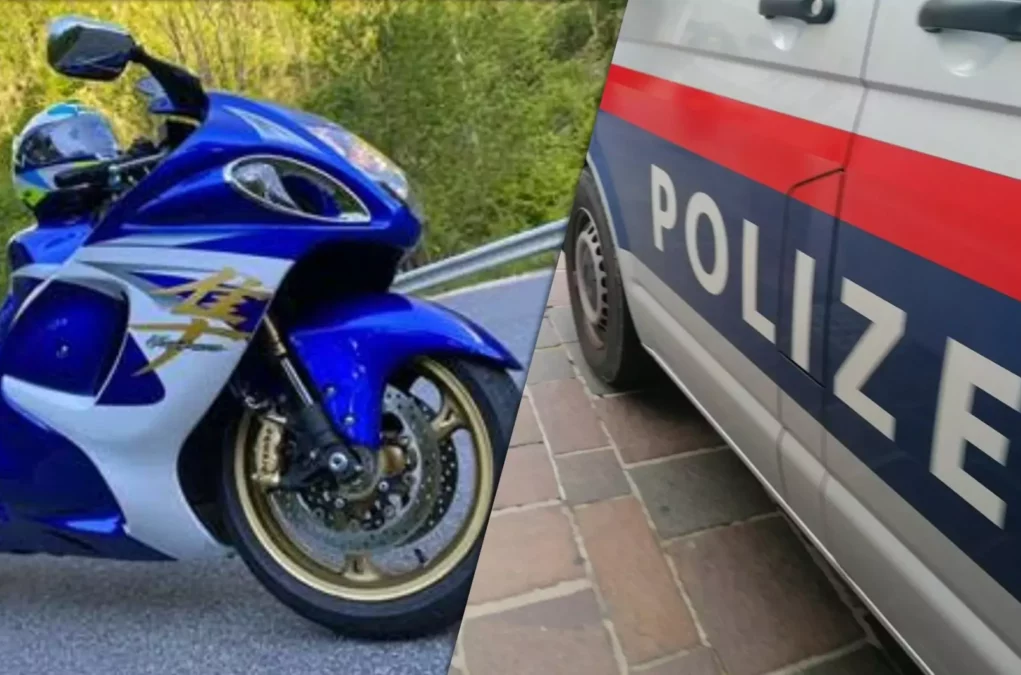 Eine Bildmontage auf 5min.at zeigt das gestohlene blaue Motorrad und ein Polizeiauto.