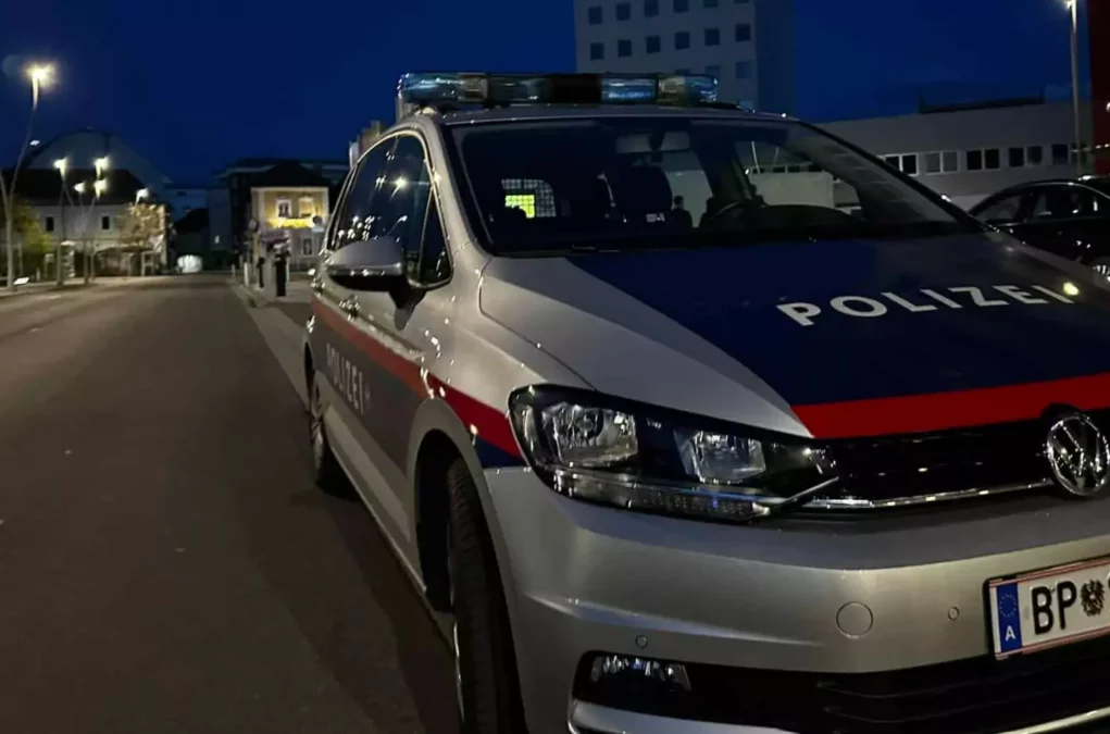 Ein Bild auf 5min.at zeigt einen parkenden Streifenwagen der Polizei bei Nacht.