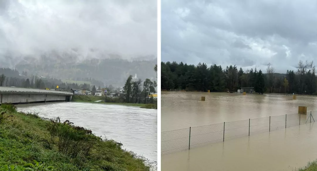 Bildmontage auf 5min.at zeigt einen überschwemmten Platz und Hochwasser.