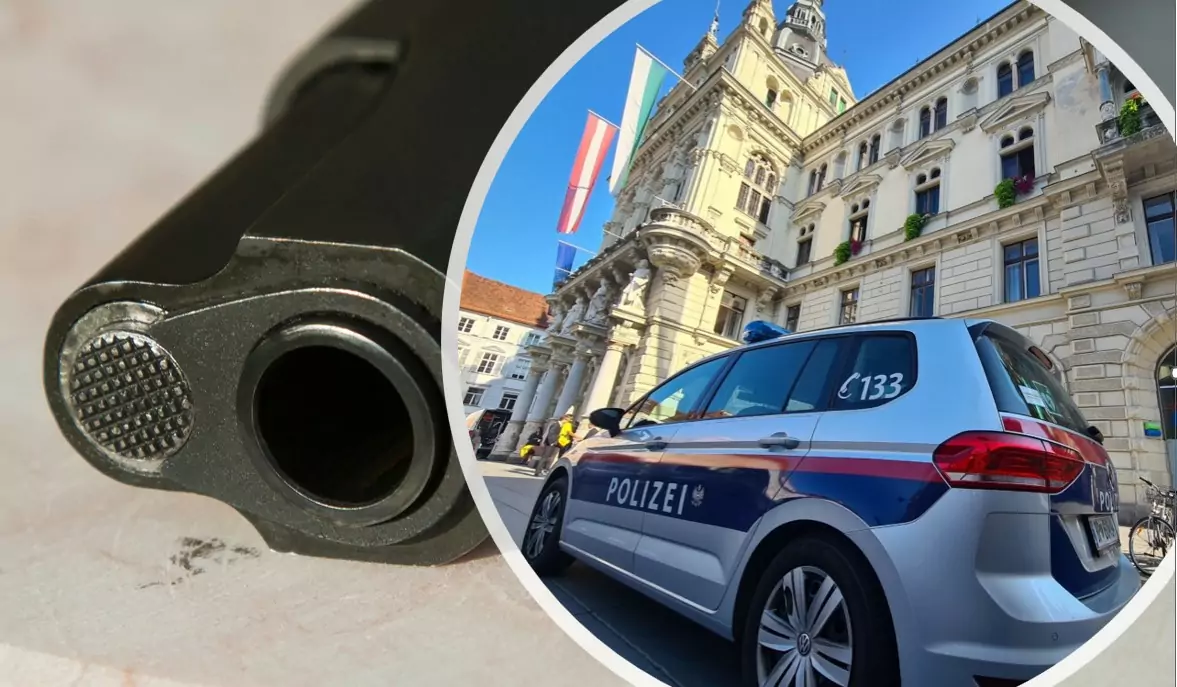 Bildmontage auf 5min.at zeigt eine Pistole und eine Polizeistreife vom dem Rathaus in Graz.