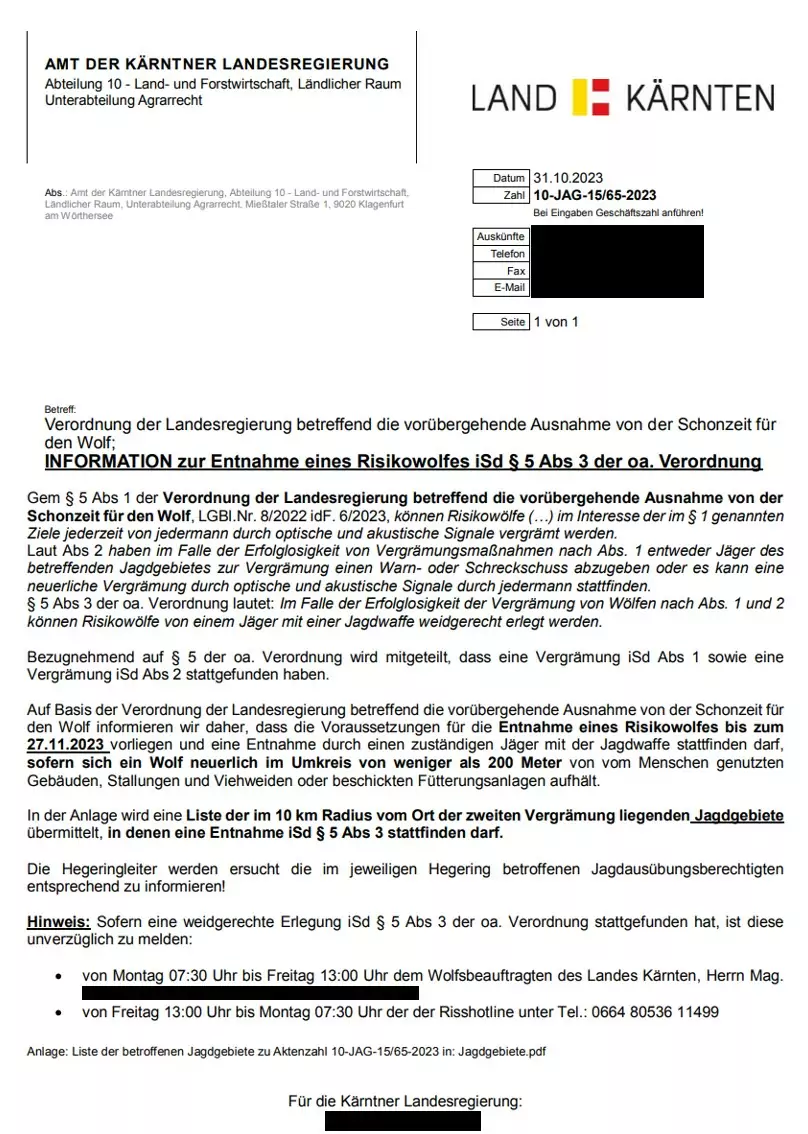 Ein Bild auf 5min.at zeigt die Verordnung der Landesregierung zur Entnahme eines Risikowolfes.