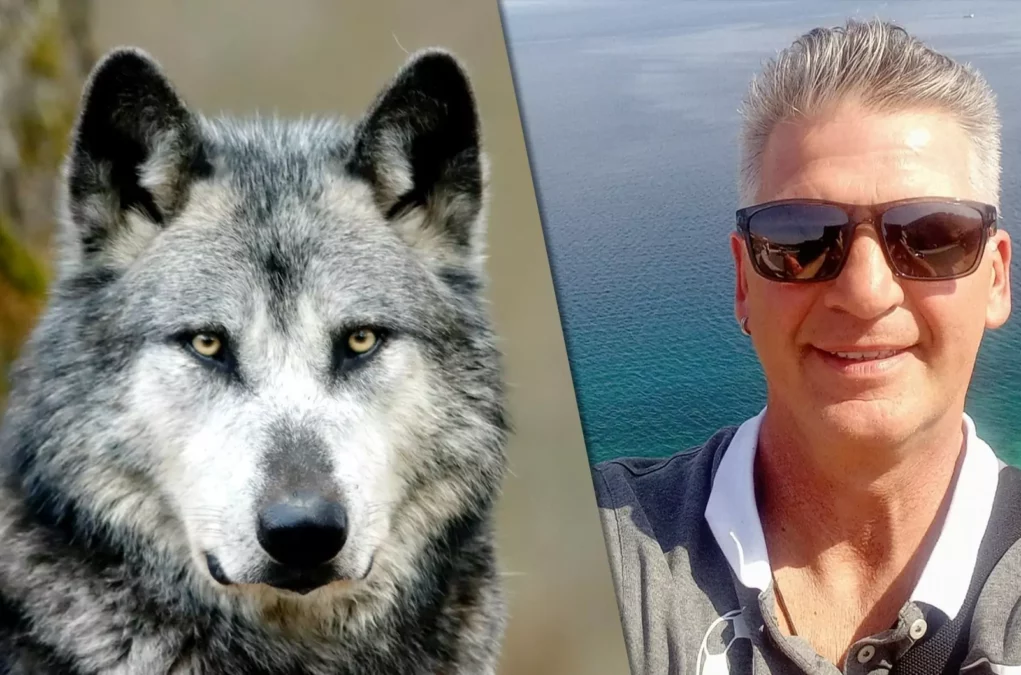 Eine Bildmontage auf 5min.at zeigt links einen Wolf und rechts ein Selfie des Villachers Mario Strugger am Meer. Er trägt ein Poloshirt und eine Sonnenbrille. Seine Haare sind bereits ergraut.