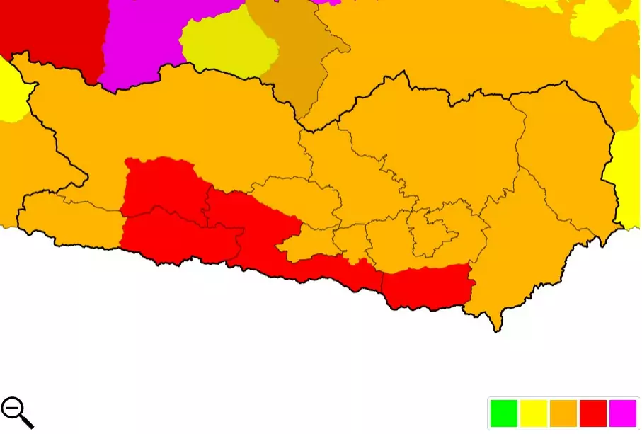 Ein Bild auf 5min.at zeigt die Warnkarte von der österreichischen Unwetterzentrale.