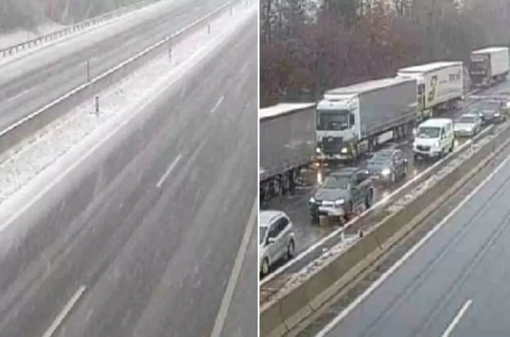 Ein Bild auf 5min.at zeigt Ausschnitte der ASFINAG Verkehrskameras. Die A2 ist verschneit. Bei Wolfsberg hat sich ein langer Stau gebildet.