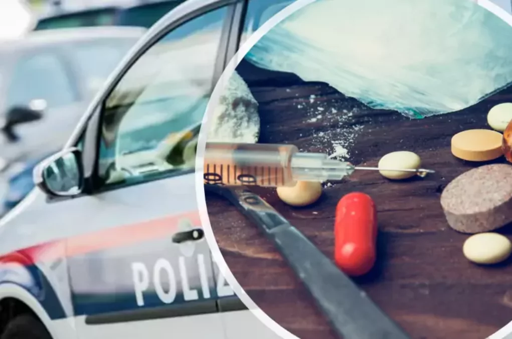 Das Bild auf 5min.at zeigt ein Polizeiauto und Drogen.
