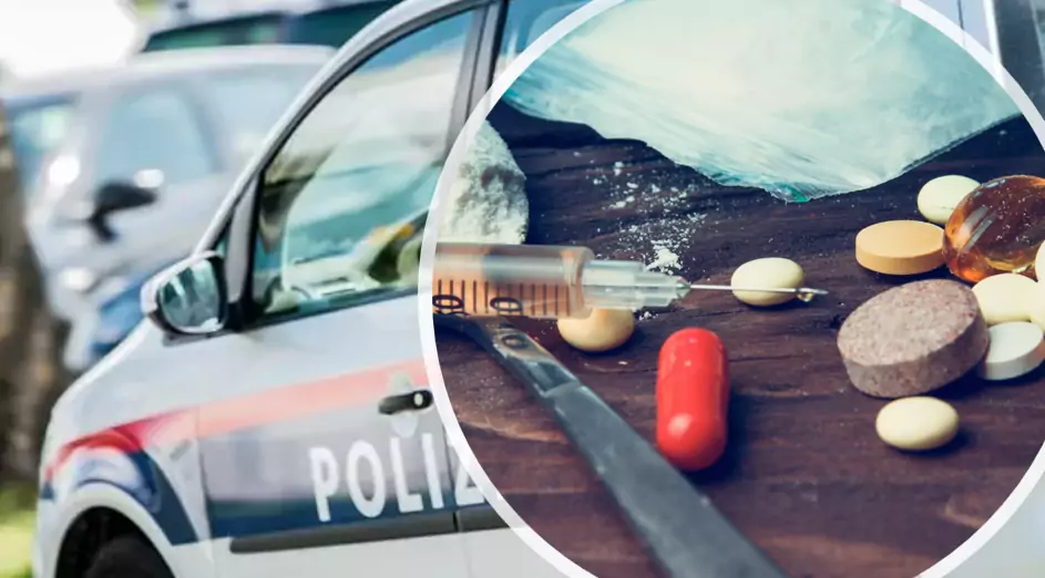 Das Bild auf 5min.at zeigt ein Polizeiauto und Drogen.