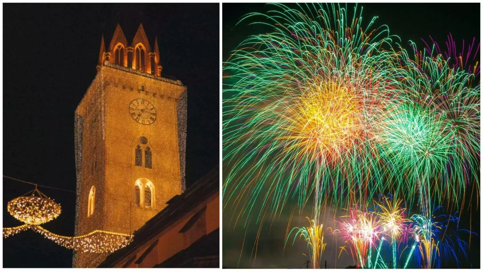 Foto in Beitrag von 5min.at: Zu sehen ist Villach bei Nacht in einer Montage mit einem Feuerwerk.
