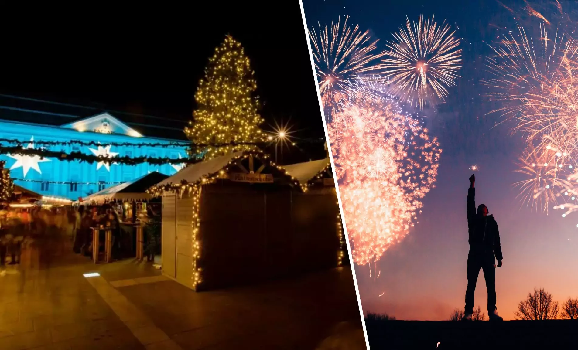 Eine Bildmontage auf 5min.at zeigt links den Adventmarkt in Klagenfurt und rechts ein Feuerwerk.