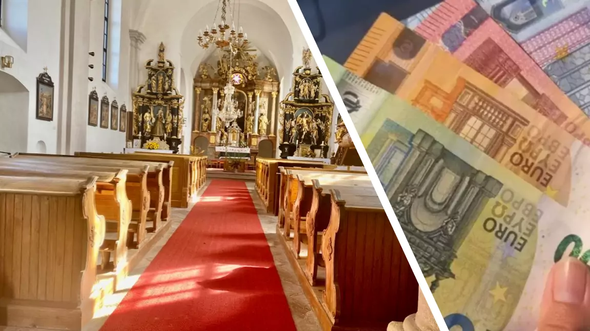 Bild auf 5min.at zeigt eine Montage. Links ist eine Kirche zusehen, rechts mehrere Geldscheine.