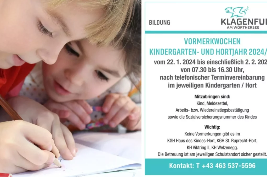 Ein Bild auf 5min.at zeigt zwei Kinder, die Hausaufgaben machen, sowie die Ankündigung in der Klagenfurter Stadtzeitung.