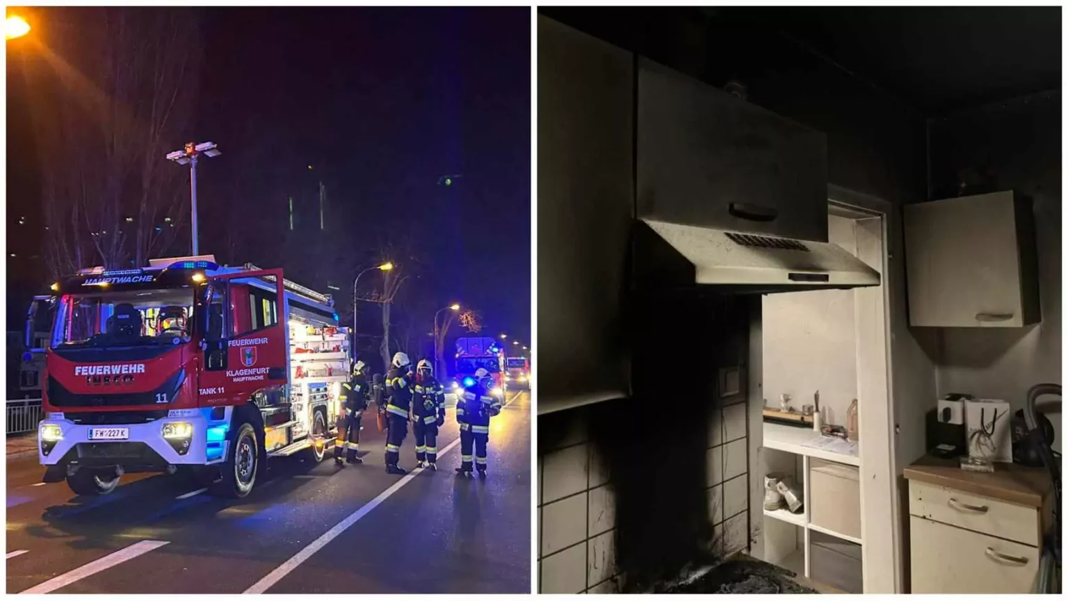 Foto in Beitrag von 5min.at: Zu sehen ist eine Montage von einem Feuerwehrauto und der verschmorten Küche.