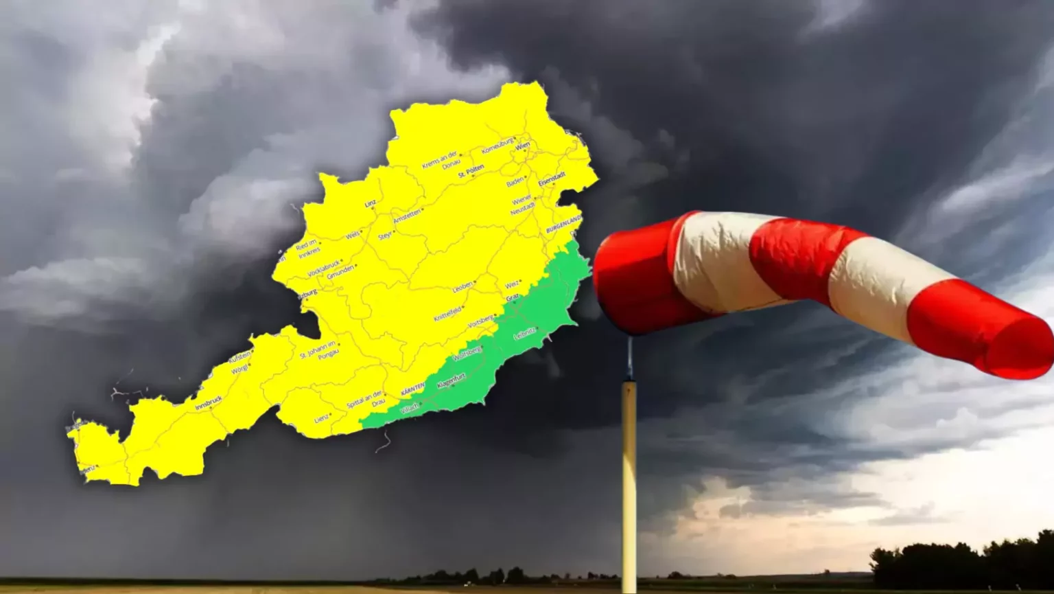 Bild auf 5min.at zeigt einen bewölketen Himmel, einen Windbeutel und eine Österreich-Karte.