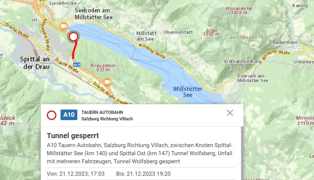 Ein Bild auf 5min.at zeigt die Meldung der ASFINAG.