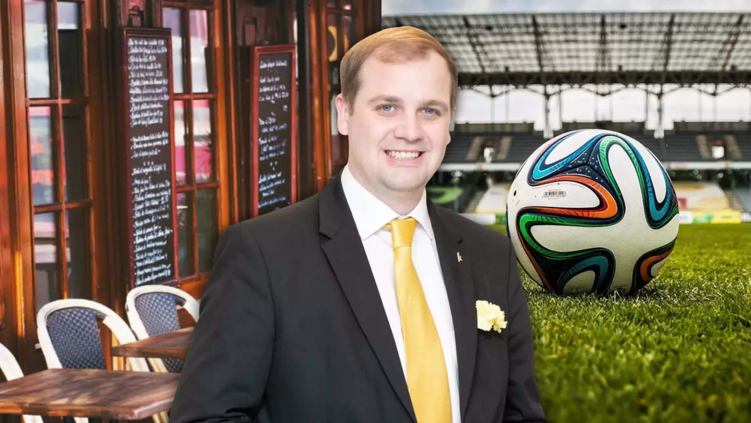 Bild auf 5min.at zeigt einen Gastgarten und einen Fußball und im Vordergrund den Politiker Patrick Jonke.