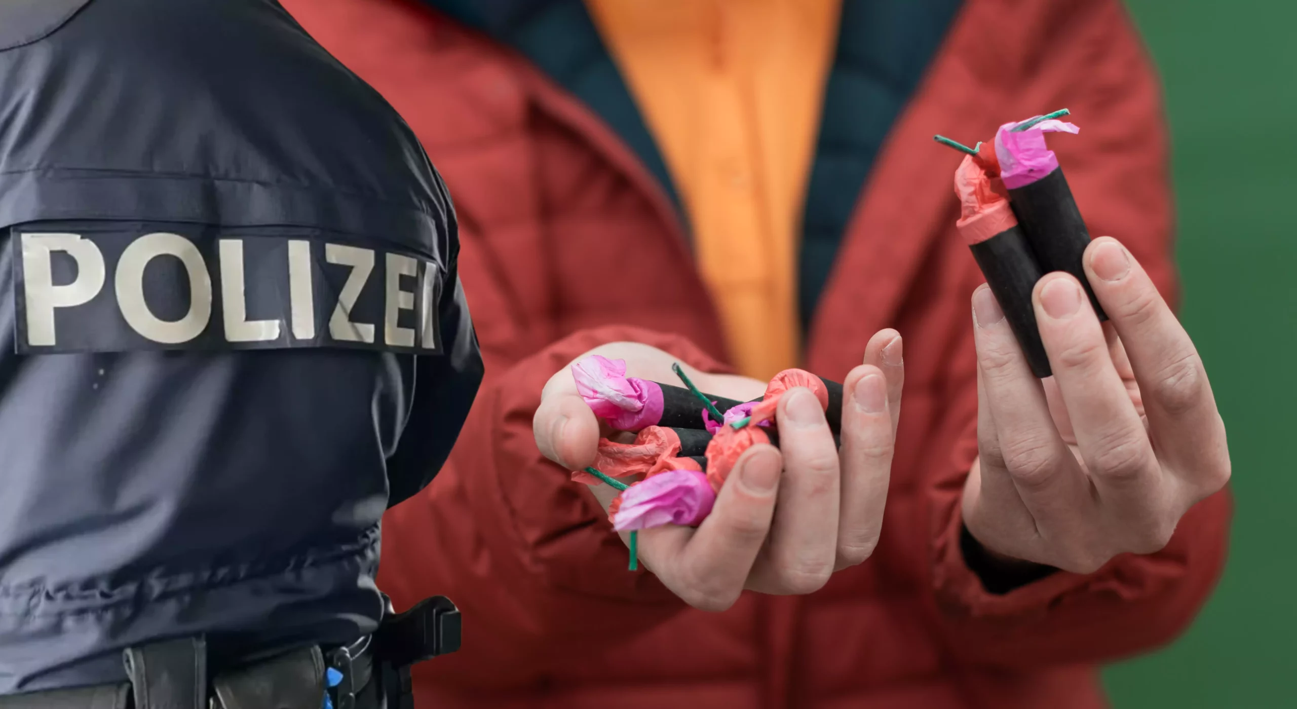 Ein Bild auf 5min.at zeigt einen Polizeibeamten und jemanden, der Böller in den Händen hält.