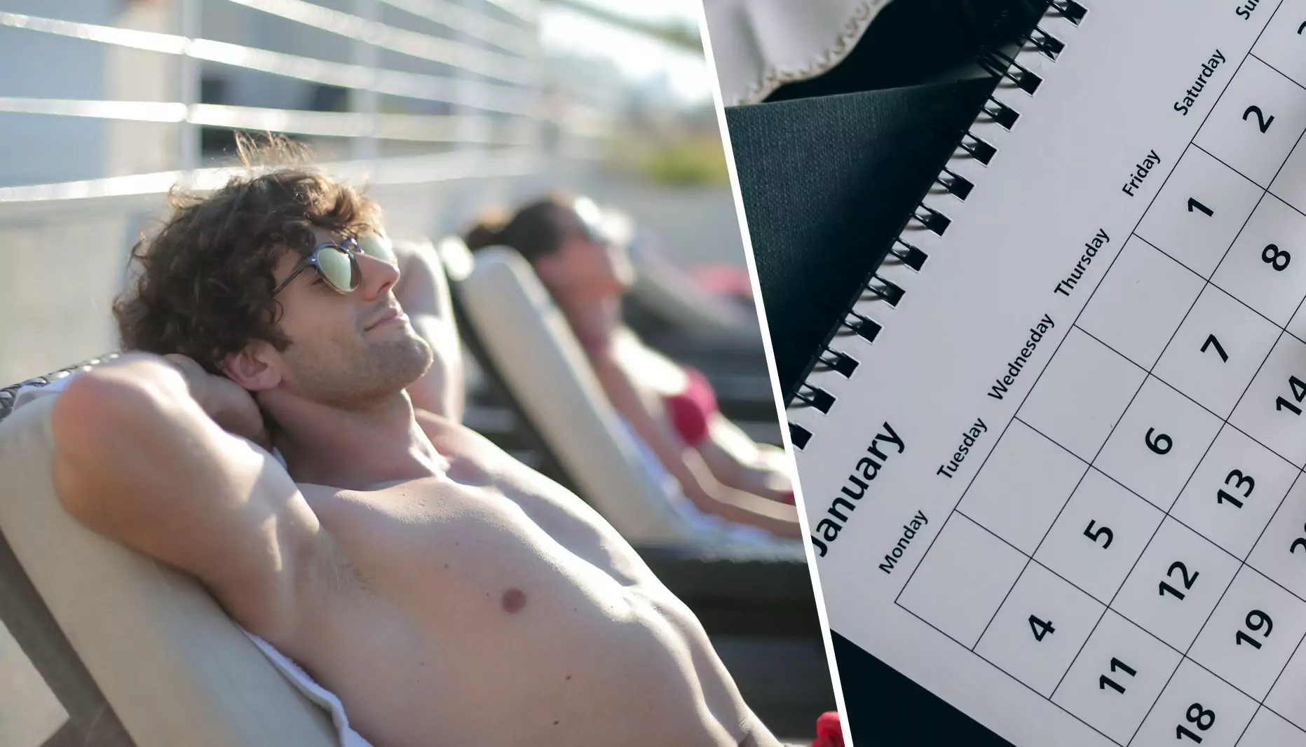 Eine Bildmontage auf 5min.at zeigt einen Mann, der seine Freizeit auf einem Liegestuhl genießt und einen Kalender.