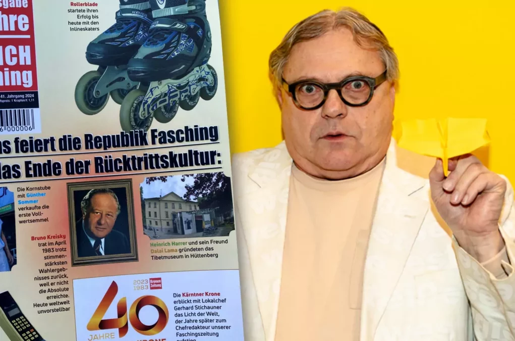 Ein Bild auf 5min.at zeigt die aktuelle Ausgabe der Faschingszeitung und Herausgeber Reinhard Eberhart mit einem Papierflieger in der Hand.