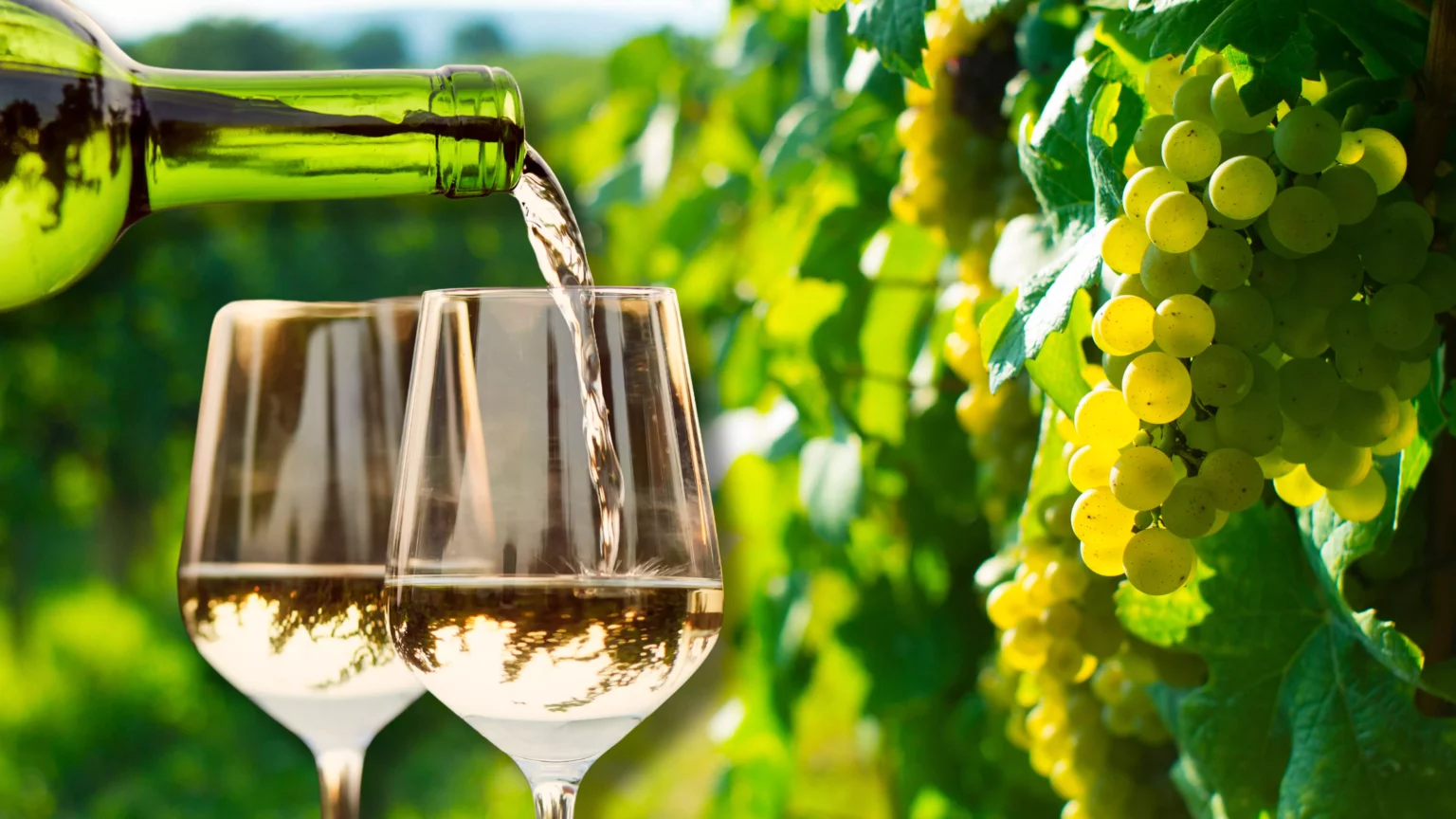 Ein Bild auf 5min.at zeigt zwei Gläser Weißwein vor grünen Weinreben.