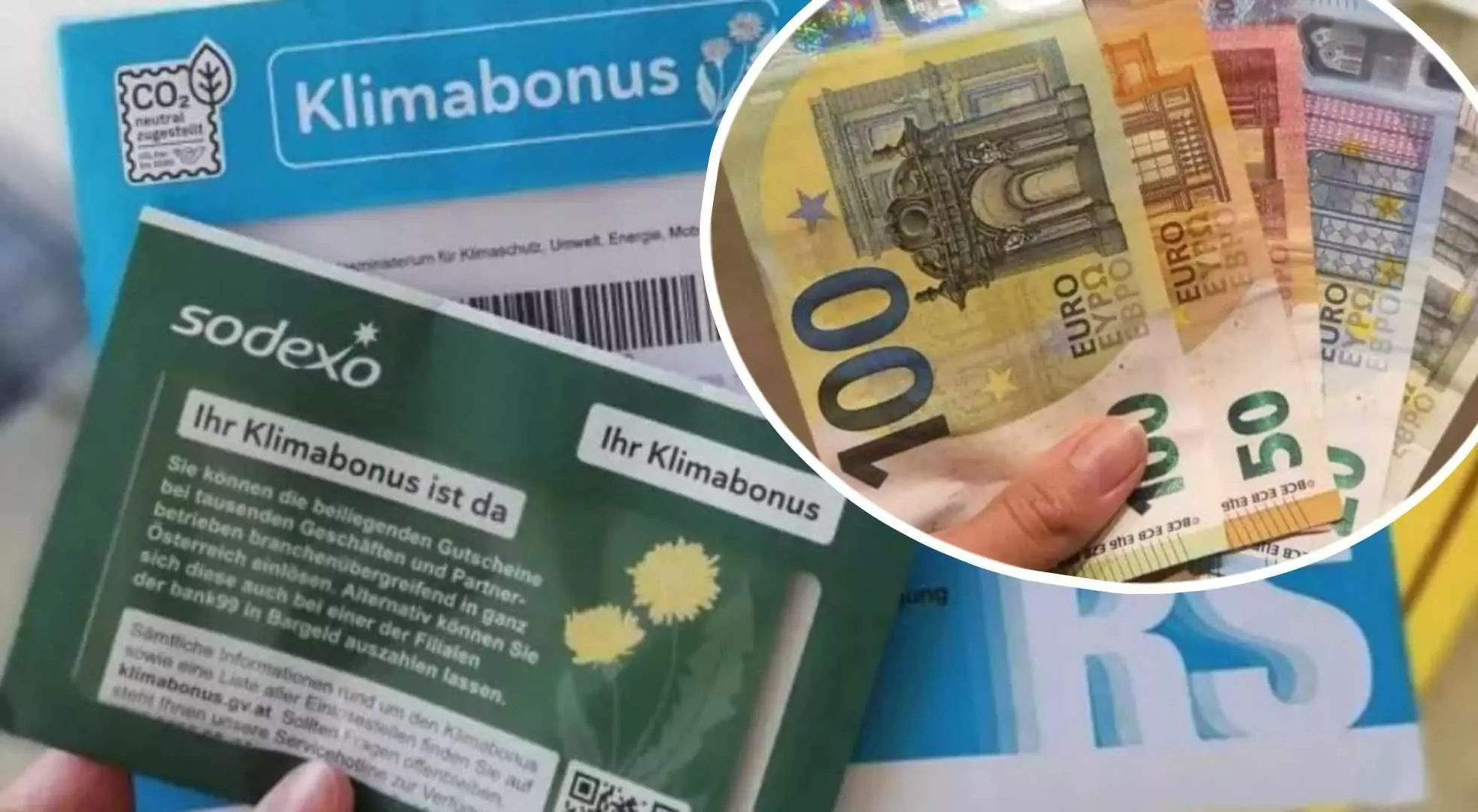 Foto in Beitrag von 5min.at: Zu sehen ist eine Fotomontage von Bargeld und dem Klimabonus-Brief.