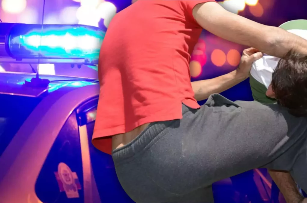 Bild auf 5min.at zeigt zwei Männer, die aufeinander einprügeln. Im Hintergrund ist ein Polizeiauto zu sehen.