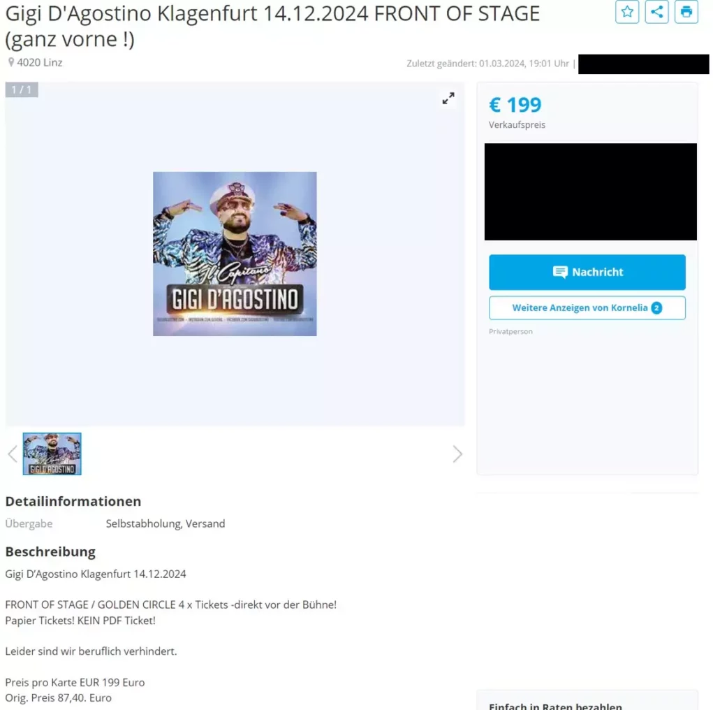 Ein Bild auf 5min.at zeigt ein Angebot für Gigi D'Agostino auf willhaben.at.