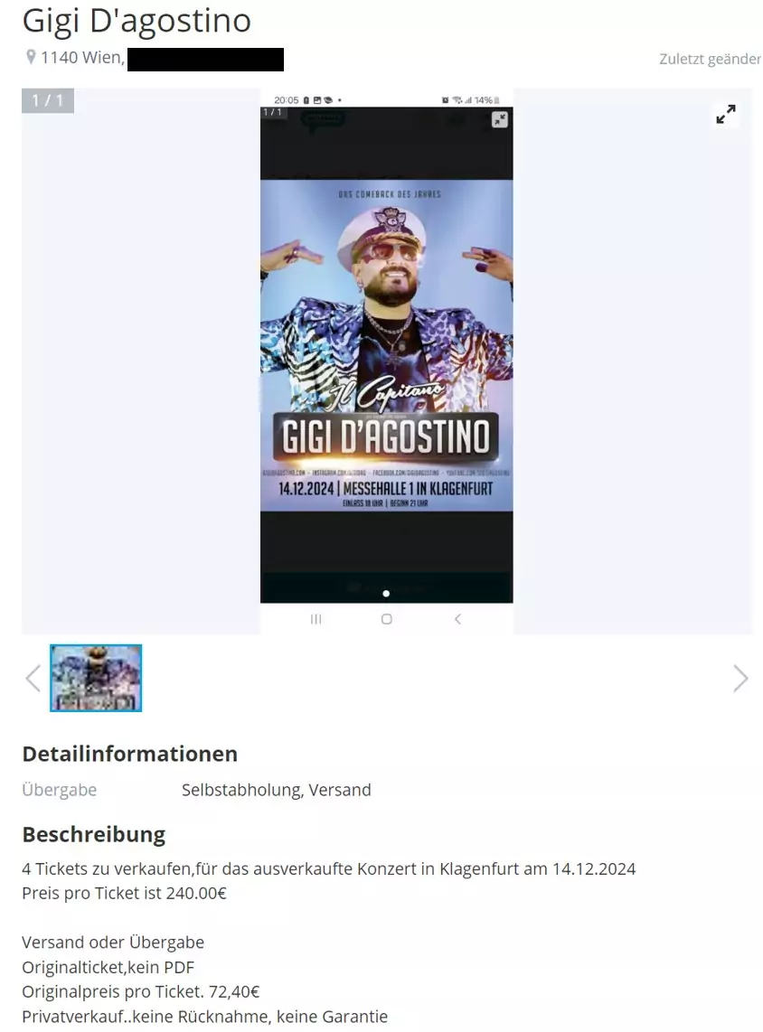 Ein Bild auf 5min.at zeigt ein Angebot für Gigi D'Agostino auf willhaben.at.