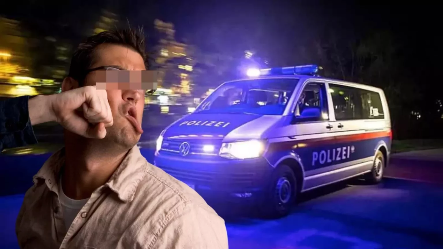 Bild auf 5min.at zeigt einen Mann, dem mit der Faust ins Gesicht geschlagen wird, und im Hintergrund ein Polizeiauto mit Blaulicht.