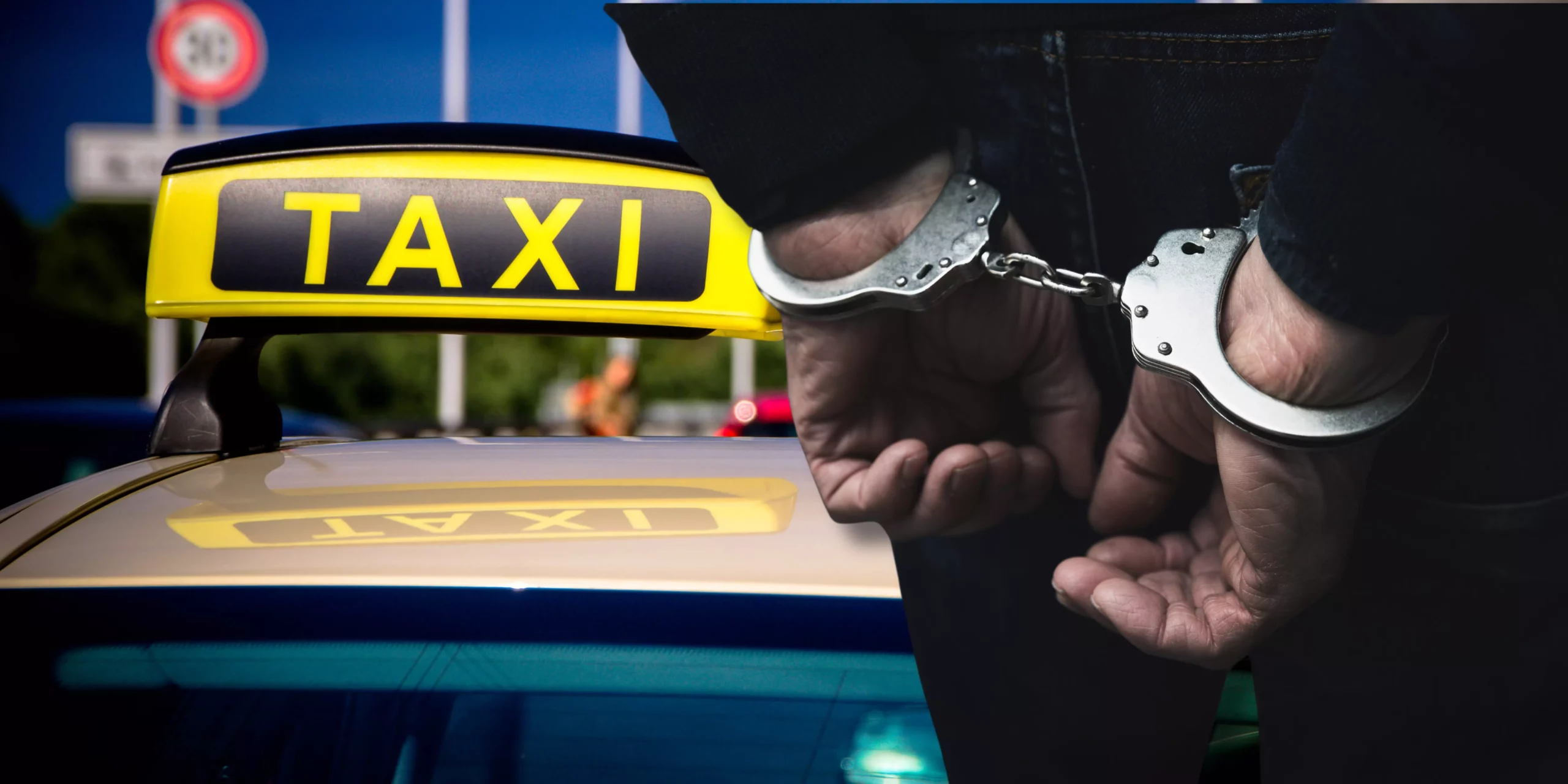 Das Bild auf 5min.at zeigt ein Taxischild und einen Mann in Handschellen.
