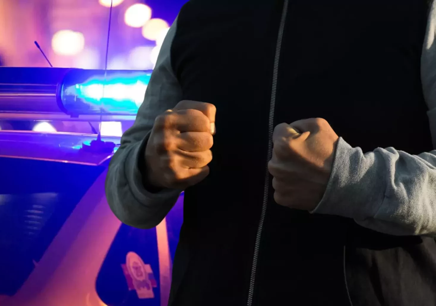 Bild auf 5min.at zeigt einen Mann mit geballten F&auml;usten und im Hintergrund ein Polizei-Auto.