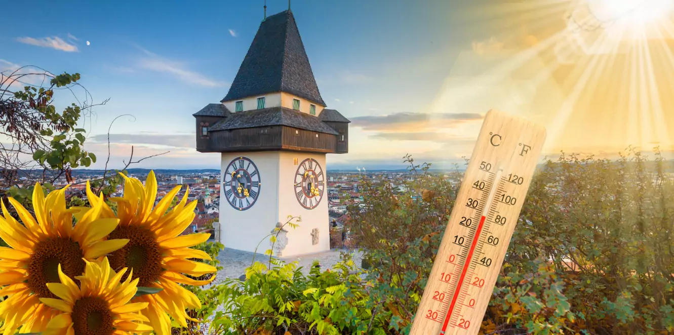 Ein Bild auf 5min.at zeigt eine Montage der Steiermark bei 28 Grad