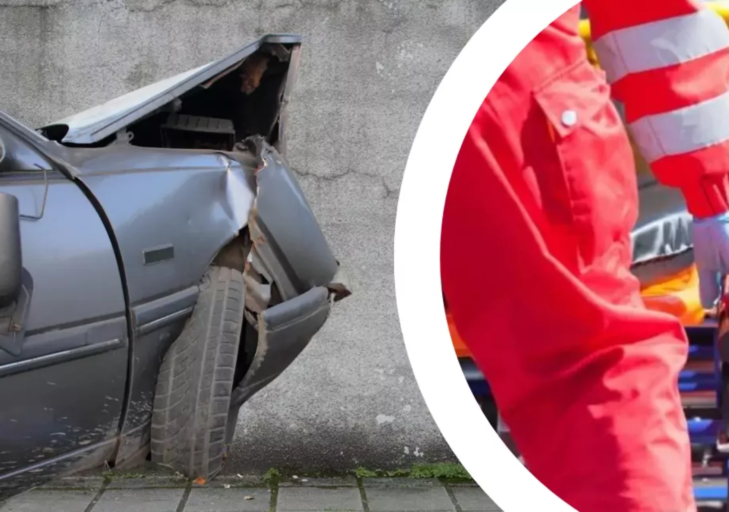 Ein Bild auf 5min.at zeigt eine Montage mit Rettung und verunfallten Auto.