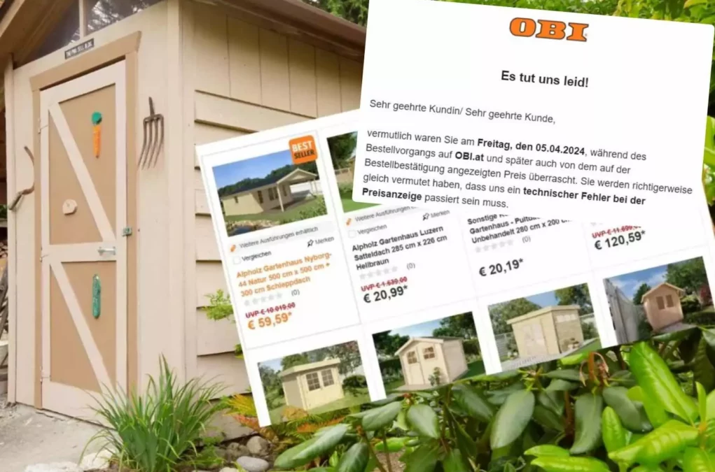 Foto in Beitrag von 5min.at: Zu sehen ist der Gartenhaus-"Sale" und die Mail, die zeigt, dass es sich eben nicht um einen "Sale" handelt.