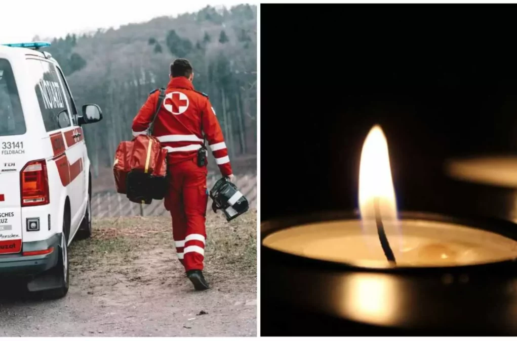 Foto in Beitrag von 5min.at: Zu sehen ist ein Rettungssanit&auml;ter, der in Richtung Rettungsauto geht und Kerzen, weil jemand verstorben ist.